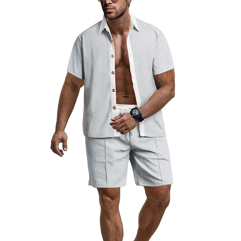 Short Sleeve Shorts Waffle Contrast Color Casual Beach Outdoor