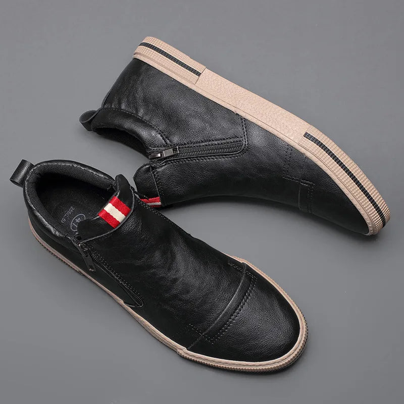 Slip on Men's Chelsea Boots Spring Fashion High-Top Sneaker Shoes British All-match Casual Leather Shoes Wear-Resistant Shoe