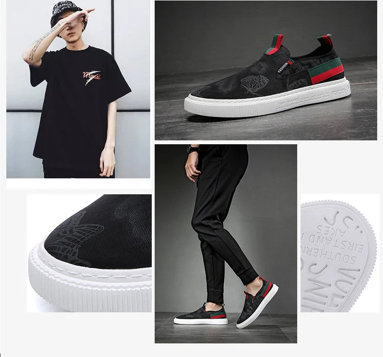 Spring Summer Shoes for Men Canvas Casual Shoes Breathable Butterfly Print Luxury Cool Black Skateboard Shoes Slip-on Loafers