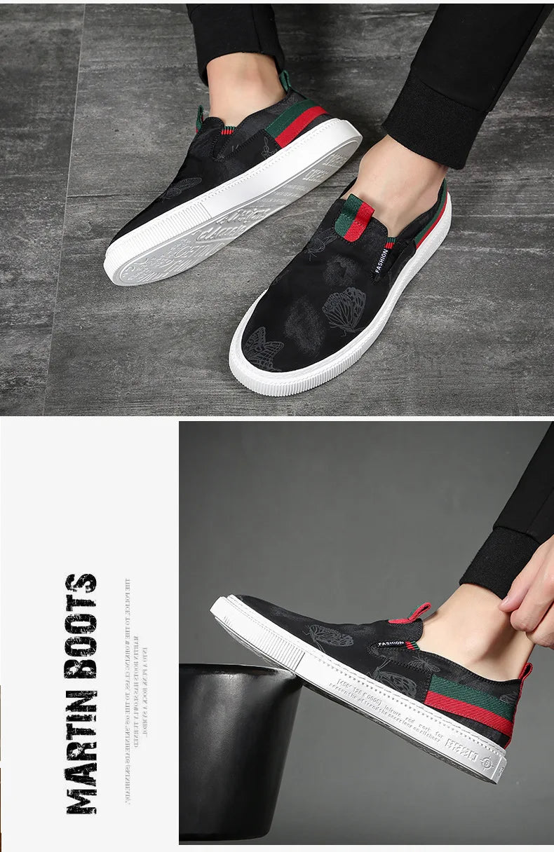 Spring Summer Shoes for Men Canvas Casual Shoes Breathable Butterfly Print Luxury Cool Black Skateboard Shoes Slip-on Loafers