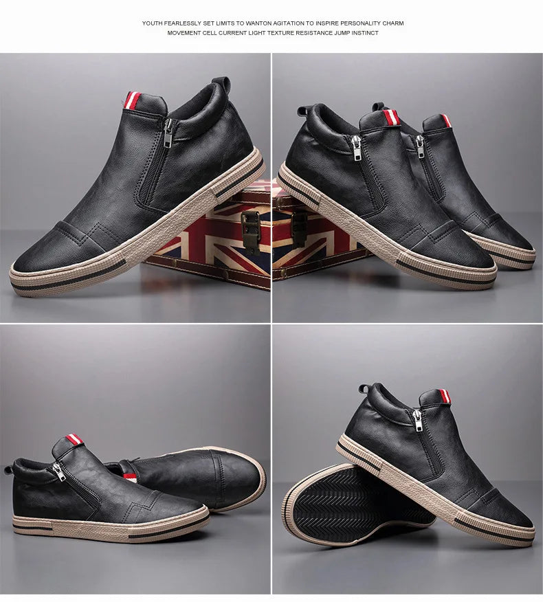 Slip on Men's Chelsea Boots Spring Fashion High-Top Sneaker Shoes British All-match Casual Leather Shoes Wear-Resistant Shoe