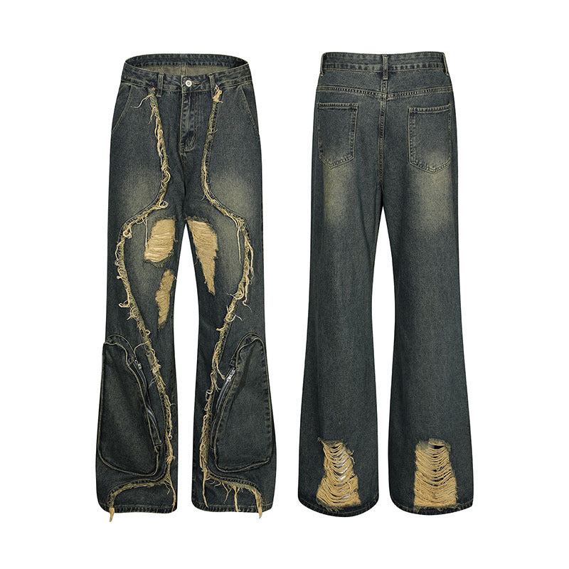 High Street Re-niche Deconstruction Tassel Hole Denim Men's Pants