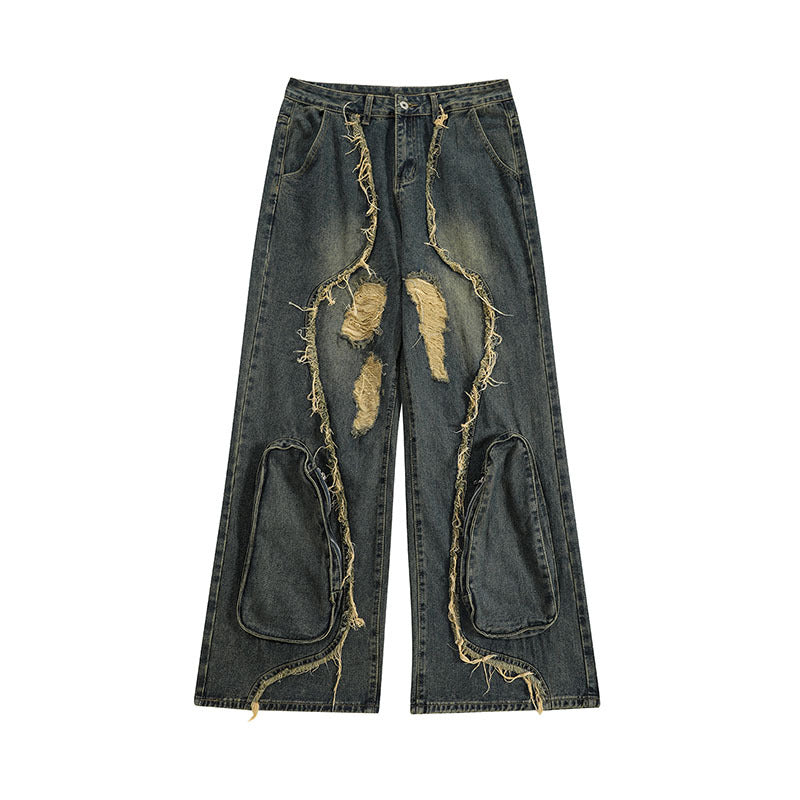 High Street Re-niche Deconstruction Tassel Hole Denim Men's Pants