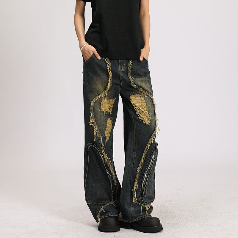 High Street Re-niche Deconstruction Tassel Hole Denim Men's Pants