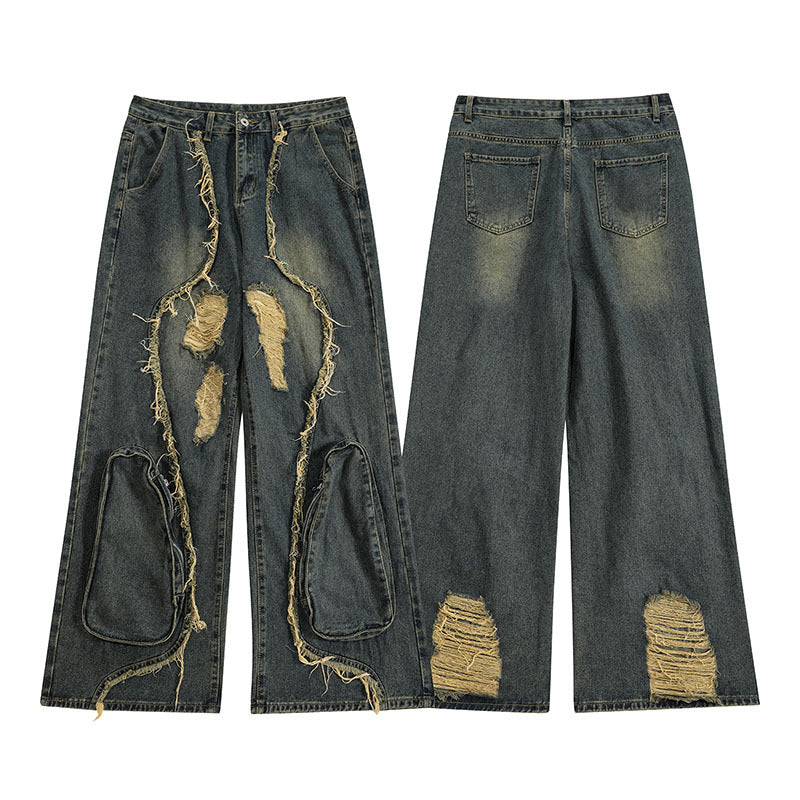 High Street Re-niche Deconstruction Tassel Hole Denim Men's Pants