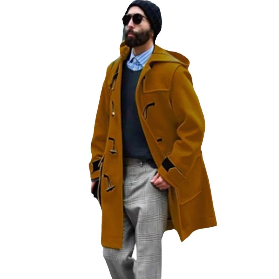 Retro Horn Button Hooded Woolen Trench Coat Men