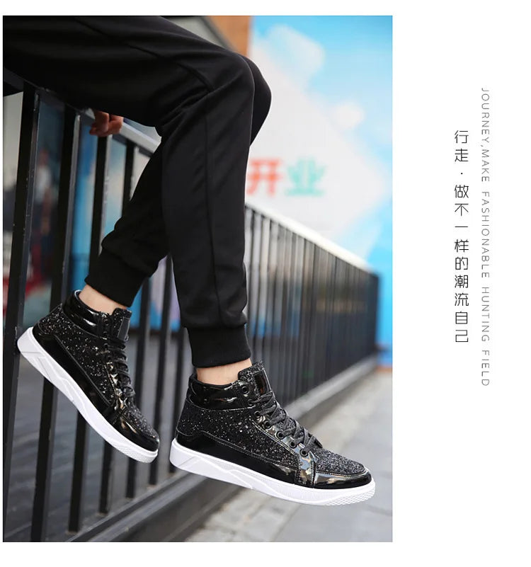 2020 Fashion Men High Top Sneakers Male Ankle Boots Gold Luxury Glitter Shoes Streetwear Hip Hop Casual Boots Chaussures Homme