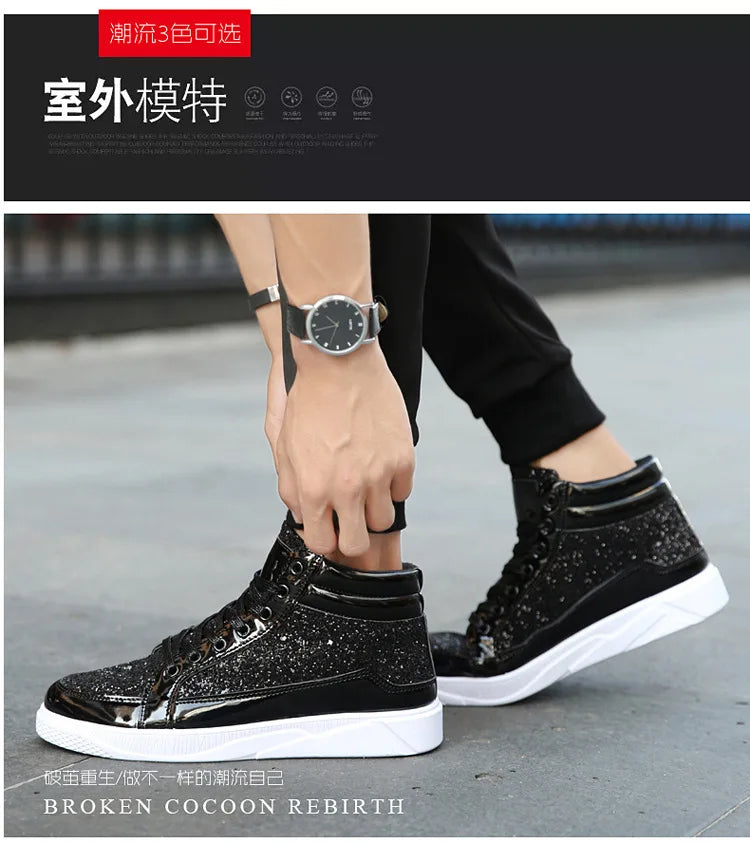 2020 Fashion Men High Top Sneakers Male Ankle Boots Gold Luxury Glitter Shoes Streetwear Hip Hop Casual Boots Chaussures Homme