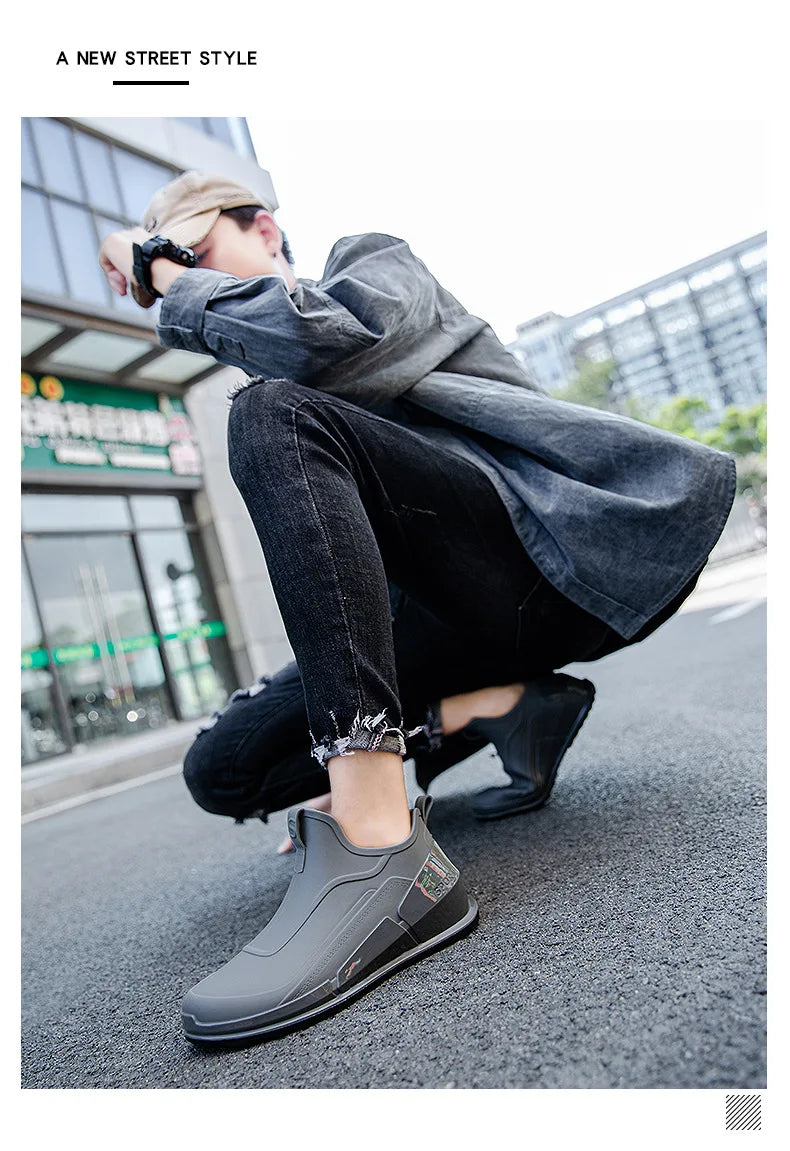 Fashion Men's Sports Rain Boots Ankle Waterproof Shoes Low Top Kitchen Shoes Fishing Shoes Summer Slip On Anti-slip boots