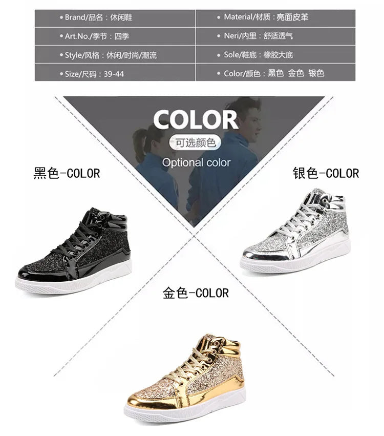 2020 Fashion Men High Top Sneakers Male Ankle Boots Gold Luxury Glitter Shoes Streetwear Hip Hop Casual Boots Chaussures Homme