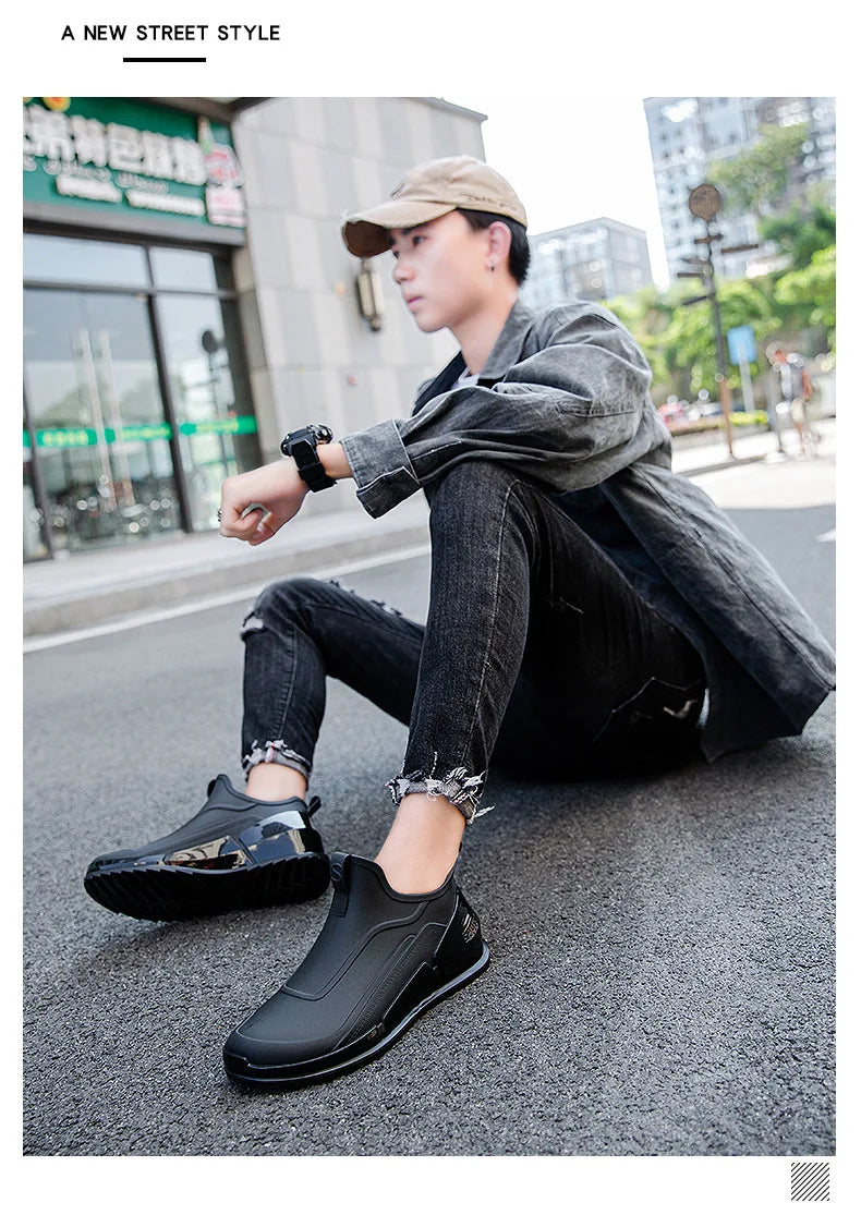 Fashion Men's Sports Rain Boots Ankle Waterproof Shoes Low Top Kitchen Shoes Fishing Shoes Summer Slip On Anti-slip boots