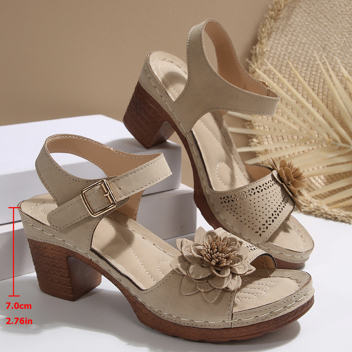 Women's Flowers Chunky Heel Sandals Summer Plus Size Platform Shoes