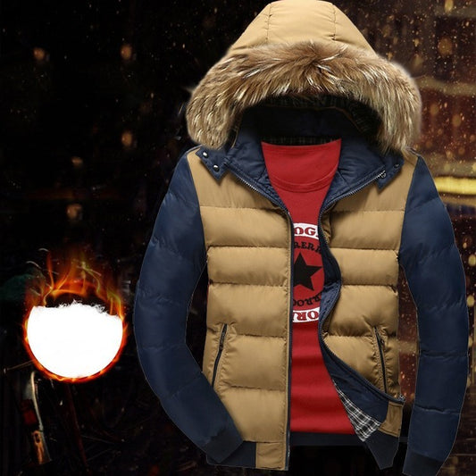 Men's Hooded Fur Collar Warm Cotton Coat