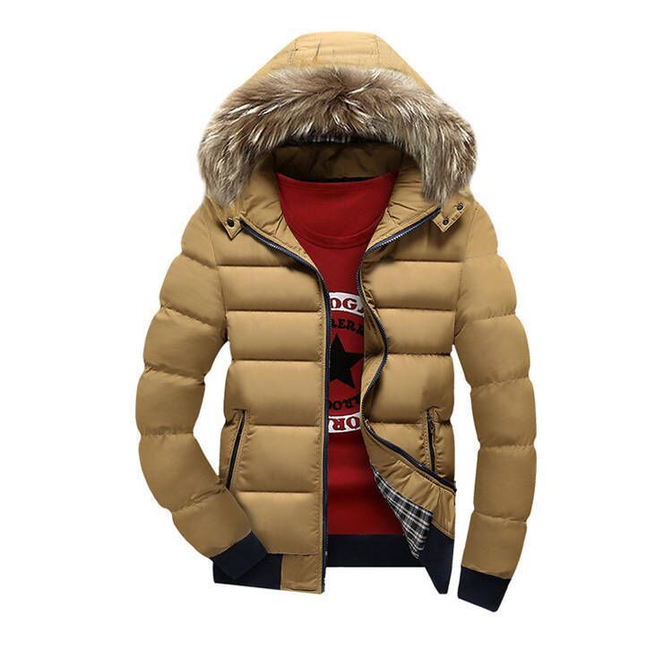 Men's Hooded Fur Collar Warm Cotton Coat