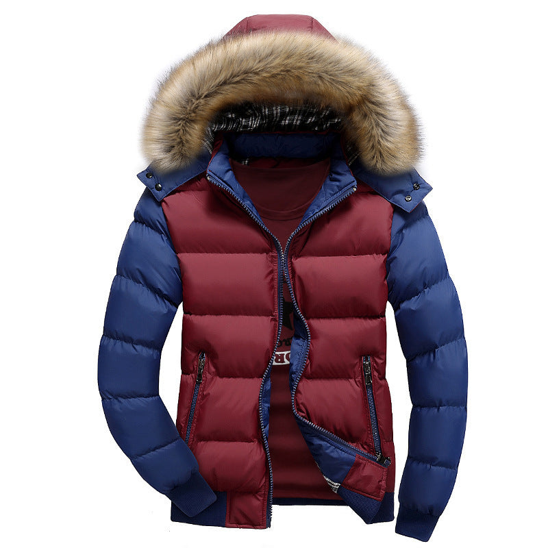 Men's Hooded Fur Collar Warm Cotton Coat